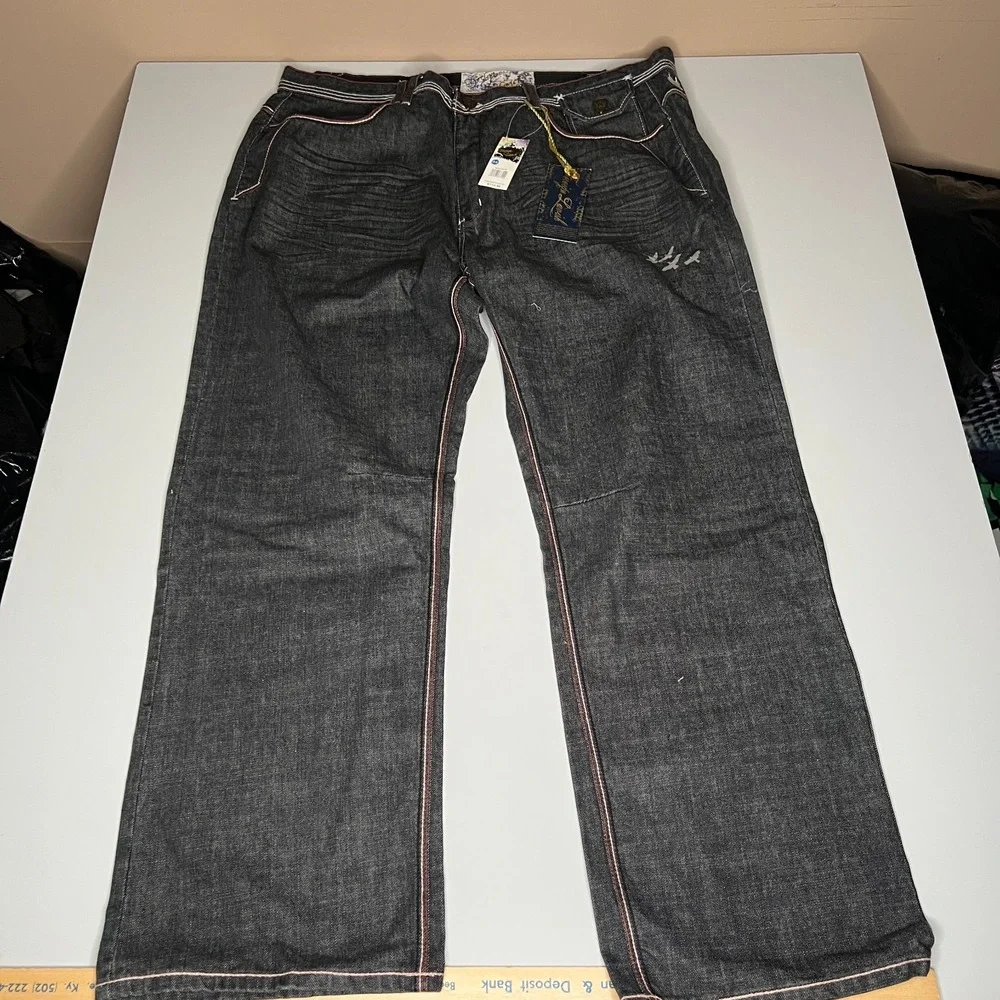 Foreign Lavish Mens 44 Dark Wash Baggy Denim Jeans Gun Embroidery Y2K Streetwear